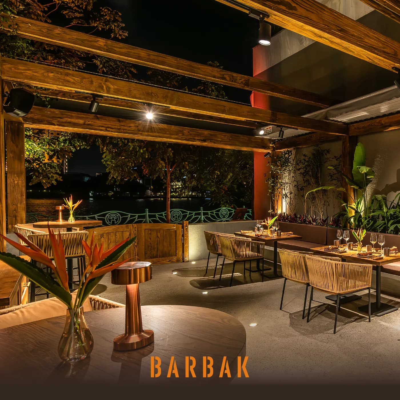 The open-air garden terrace at night